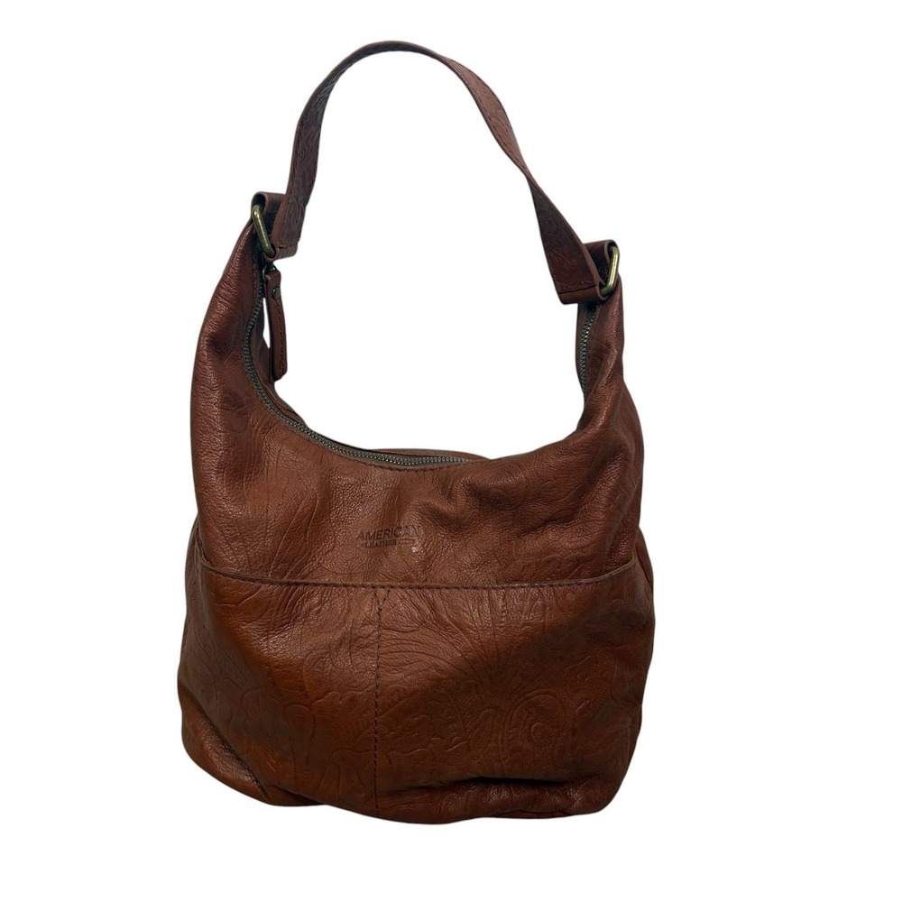American Leather Co. Tan Leather Embossed Floral Hobo Slouch Handbag